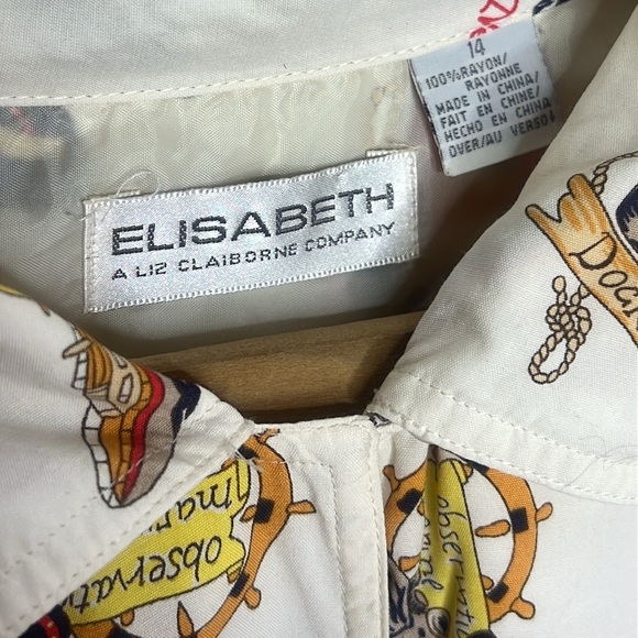 LIZ CLAIBORNE Elizabeth Nautical Novelty Print Beachy 90s Vintage Collard Blouse - Picture 9 of 10